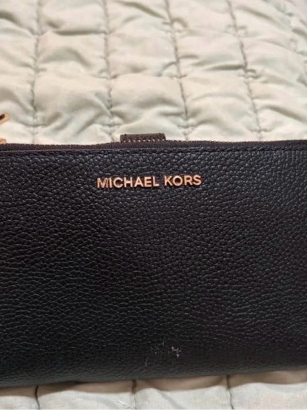 Michael Kors Black Pebbled Leather Zip Wallet with Gold Logo